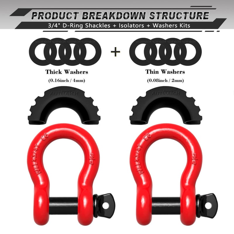 AUTMATCH D Ring Shackle 3/4"" Shackles (2 Pack) 41,887Ibs Break Strength, Clevis Shackle with 7/8"" Screw Pin and Shackle Isolator Washers Kit for Tow Strap Winch Off Road Vehicle Recovery, Red & Black - Image 2